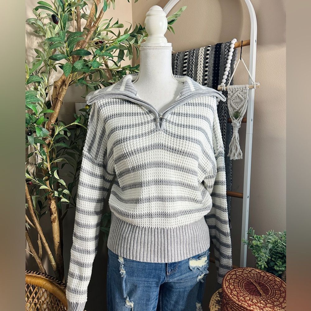 Sage & Stone Gray Stripe Half Zip Waffle Knit Sweater XL Cozy Pullover